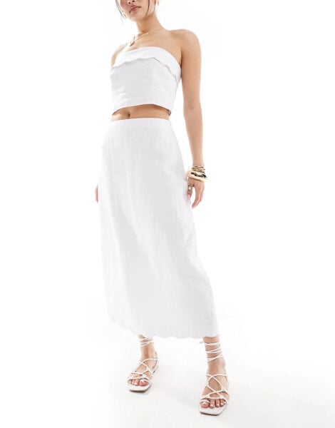 Abercrombie & Fitch co-ord linen midi skirt with scallop edges in white