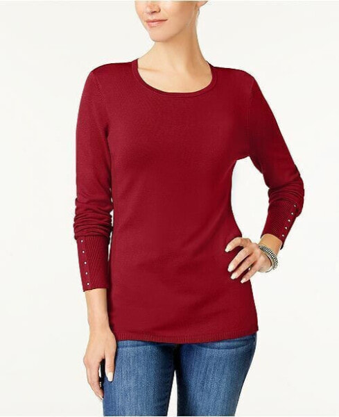 Jm Collection Women's Crew Neck Studded Cuff Sweater Beet Red XXL