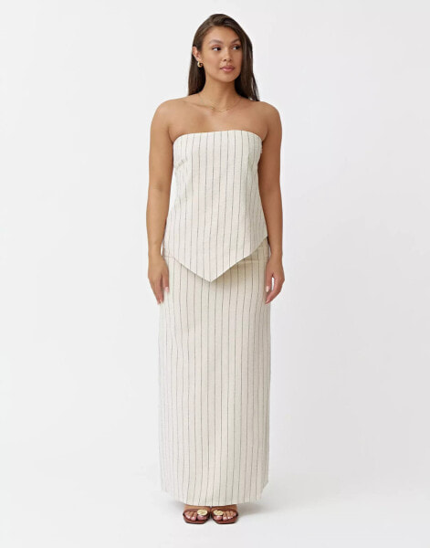 4th & Reckless linen striped maxi skirt co-ord in beige