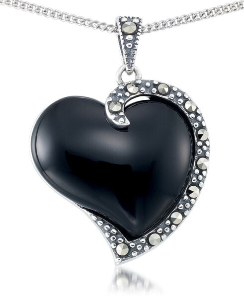 Macy's onyx (17X15mm) & Marcasite Heart Pendant in Sterling Silver