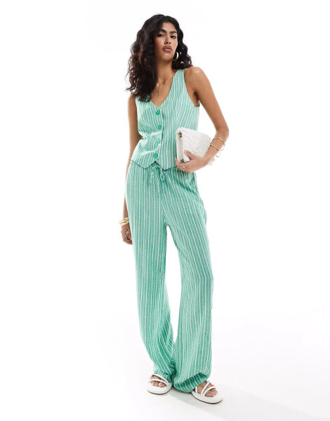 Stradivarius linen look pull on trouser in green stripe co-ord