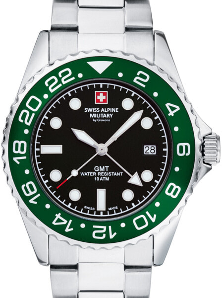 Мужские наручные часы с серебряным браслетом Swiss Alpine Military 7052.1133 diver 42mm 10ATM