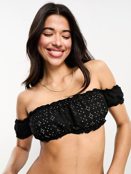 The Frolic mystic bardot off the shoulder frill broderie bikini top in black