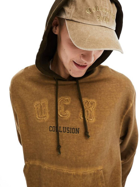 COLLUSION Oversized varsity embroidered hoodie in tan wash