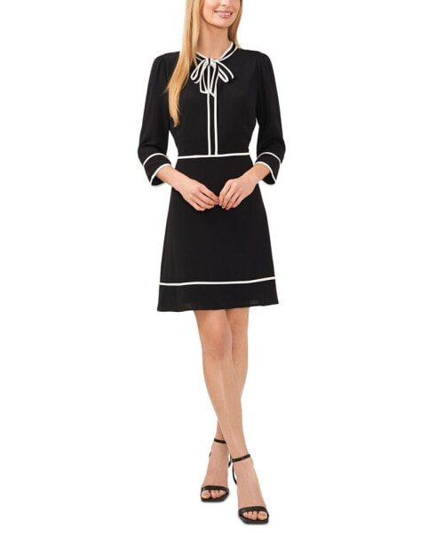 Women's Contrast Trim Bow Neck A-Line Dress