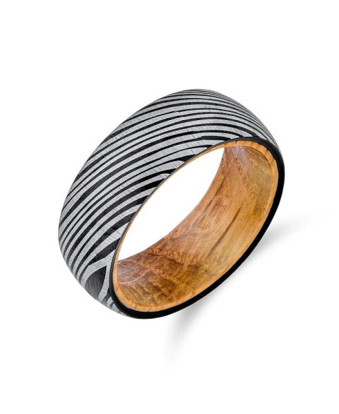 Unisex Laser Etched Wood Grain Matte Finish Black Band with Natural Oliver Wood Sleeve Liner Titanium Wedding Band Rings For Men Comfort Fit 8MM