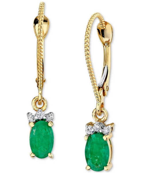 Emerald (1 ct. t.w.) & Diamond (1/20 ct. t.w.) Leverback Drop Earrings in 14k Gold