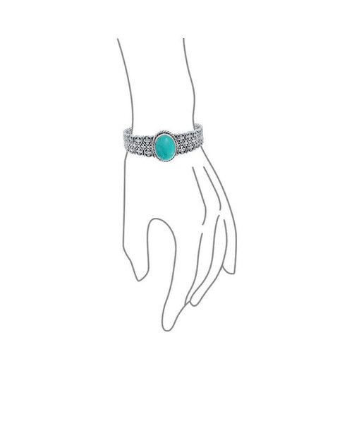 South Western Style Oval Cabochon Gemstone Flora Cross Infinity Lattice Turquoise Wide Cuff Bracelet For Women .925 Sterling Silver
