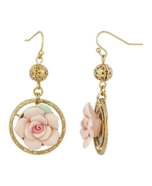 14K Gold Plated Large Pink Porcelain Rose Drop Earrings