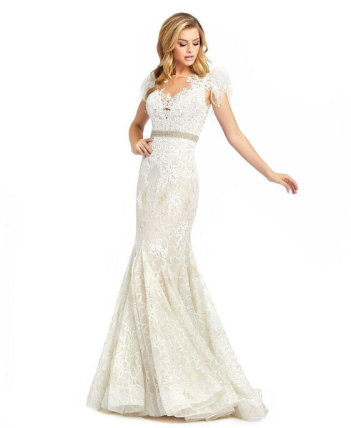 Women's Embellished Feather Cap Sleeve Illusion Neck Trumpet Gown