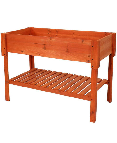 Stained Wooden Raised Garden Bed Planter Box with Shelf - 42 in