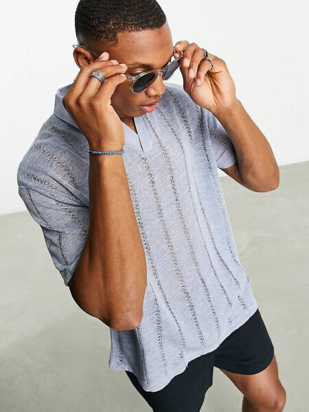 ASOS DESIGN relaxed revere polo shirt in sheer blue texture