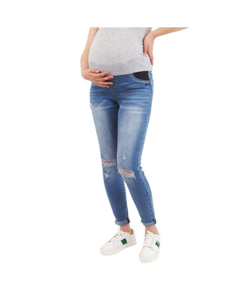 Maternity Light Wash Butt Lifter Distressed Jeans With Belly Band