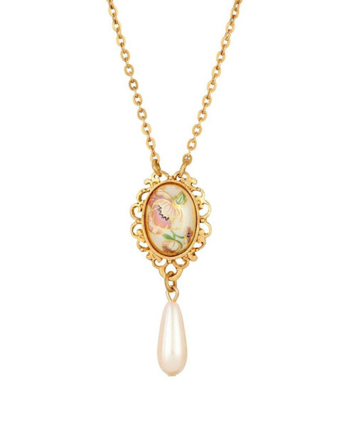 Gold-Tone Flower Decal Oval Drop Necklace