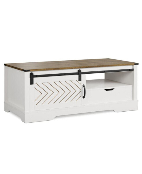 Modern White Wood Coffee Table with Barn Door Drawer Storage