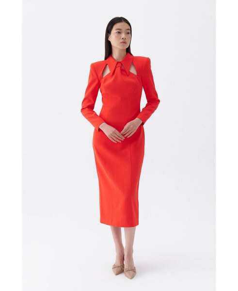 Women's Tie Neck Midi Dress with Shoulder Pad