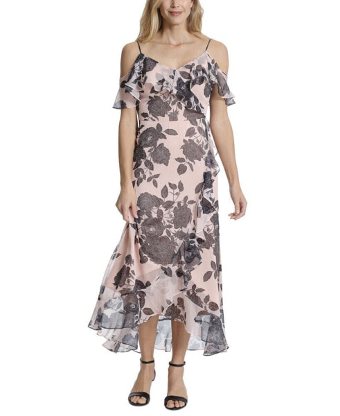 Petite Floral-Print Ruffled Cold-Shoulder Maxi Dress