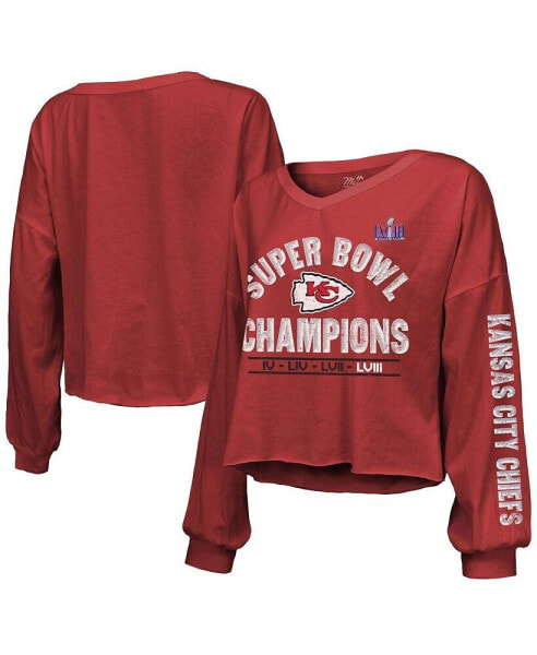 Women's Red Distressed Kansas City Chiefs Super Bowl LVIII Champions Always Champs Off-Shoulder Long Sleeve V-Neck T-shirt