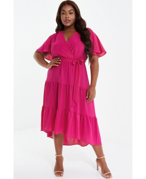 Plus Size Crepe Tiered Wrap Dip Hem Dress