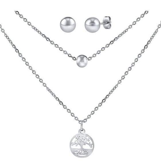 Steel set of Tree of Life pendant, double chain and earrings KMM143006
