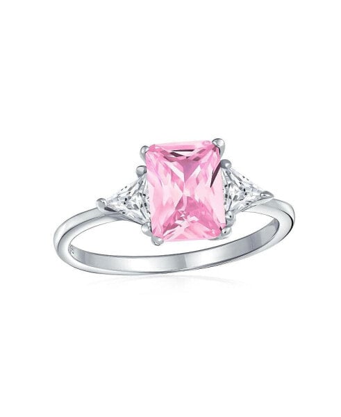 Bridal Wedding 3CT Color CZ Pink Square Cubic Zirconia Square Solitaire Brilliant Princess Cut Trillion Side Stones Engagement Ring Sterling Silver