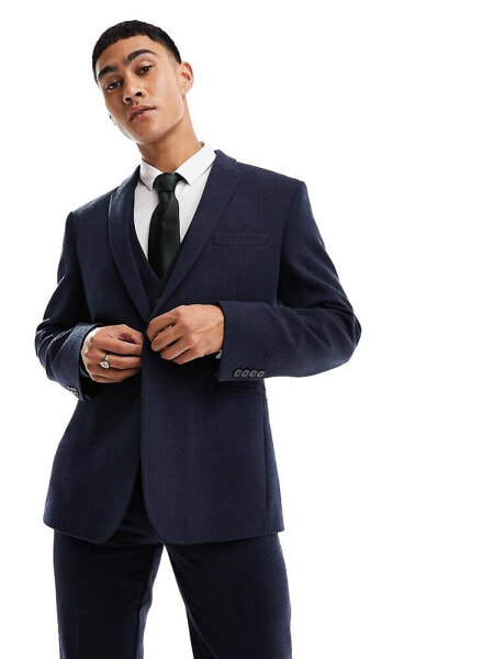 ASOS DESIGN wedding slim wool mix suit jacket in navy basketweave texture