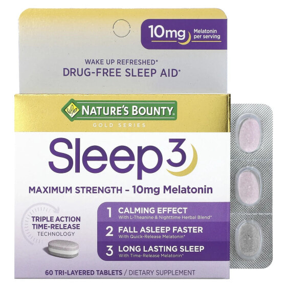 Nature's Bounty, Sleep 3, эффективное средство для улучшения качества сна, без наркотических веществ, 60 трехслойных таблеток