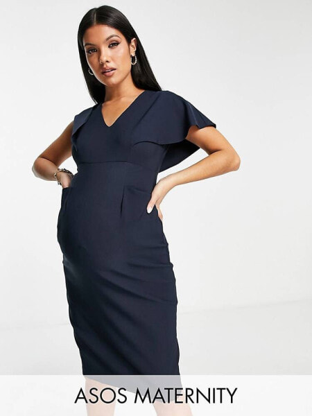 ASOS DESIGN Maternity angel sleeve midi pencil dress in navy