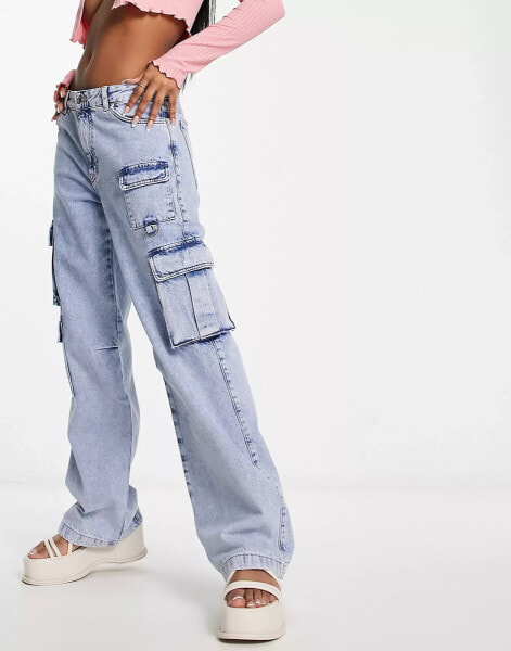 Pull&Bear wide leg cargo jean with pocket detail in washed blue