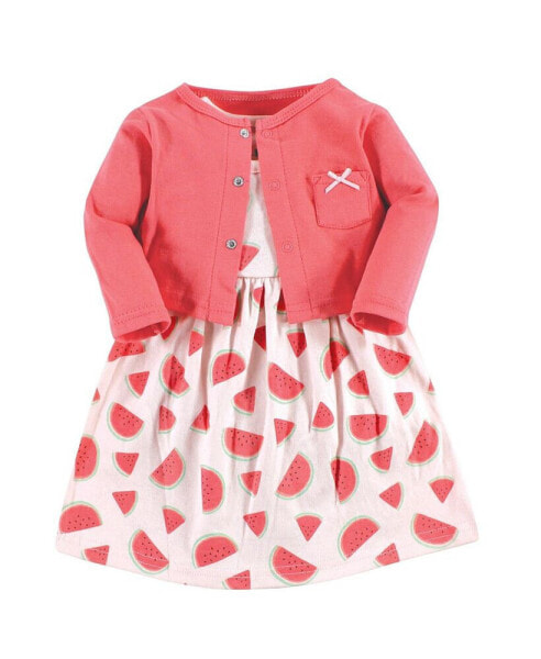 Toddler Girls Cotton Dress and Cardigan 2pc Set, Coral Watermelon