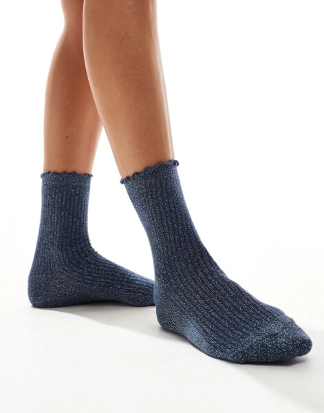 Vero Moda glitter sock with frill edge in blue