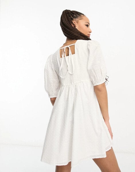 Wednesday's Girl dobby cotton puff sleeve mini smock dress in white