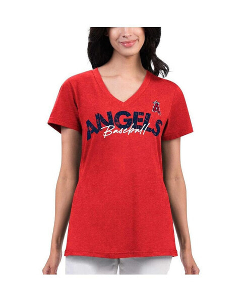 Women's Red Distressed Los Angeles Angels Key Move V-Neck T-shirt