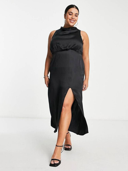 Pretty Lavish Curve high neck split maxi dress in black