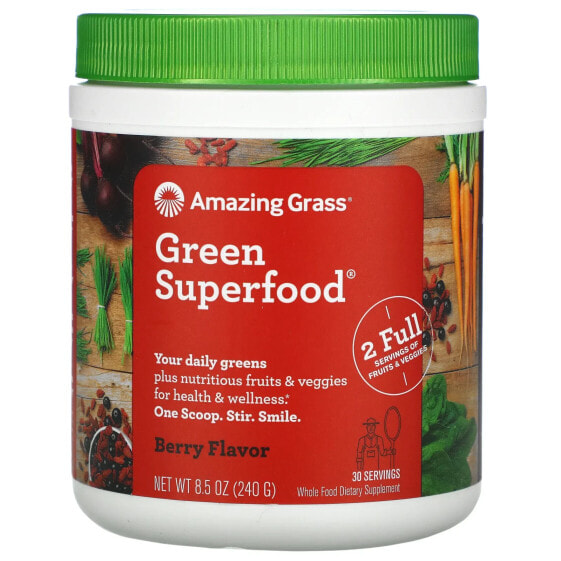 Суперфуды Amazing Grass Бленд зеленых суперфудов, Ягода, 8.5 унций (240 г)