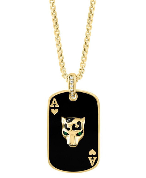 EFFY® Men's Emerald Accent, & Diamond (1/6 ct. t.w.) Black Enamel Panther Playing Card 22" Pendant Necklace in 14k Gold