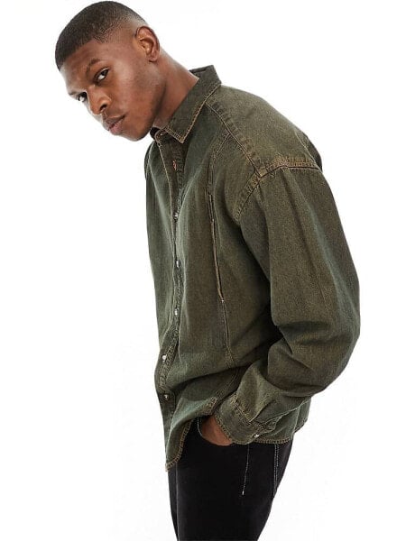 ASOS DESIGN 90s oversized denim shirt with panelled pockets in brown dirty wash