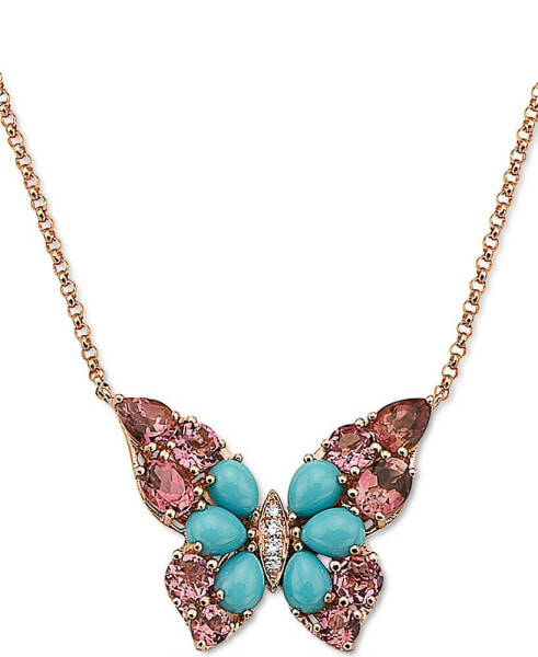 EFFY® Turquoise, Pink Tourmaline (1 ct. t.w.), & Diamond Accent Butterfly 18" Pendant Necklace in 14k Rose Gold