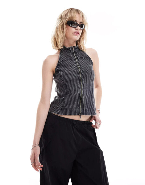 Weekday Jaime sleeveless zip through rib top in washed black