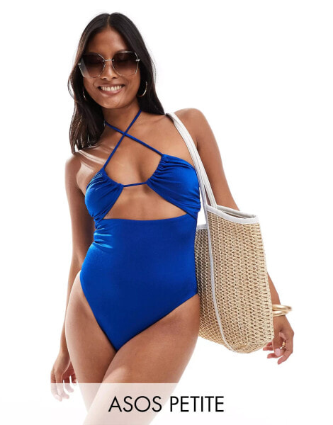 ASOS DESIGN Petite Maya ruched keyhole halter swimsuit in blue