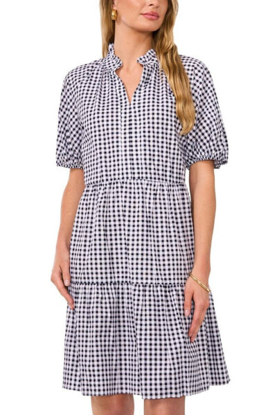 Women's Short-Sleeve Cotton Gingham Babydoll Dress