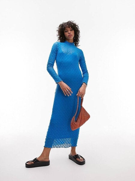 Topshop textured long sleeve lace jersey midi dress in blue