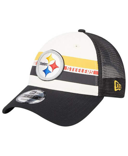 Men's Cream, Black Pittsburgh Steelers Team Stripe Trucker 9FORTY Snapback Hat