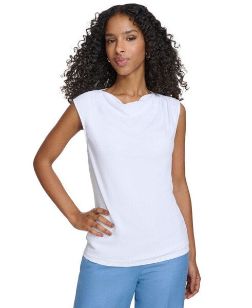 Petite Pleated-Shoulder Cowlneck Sleeveless Top