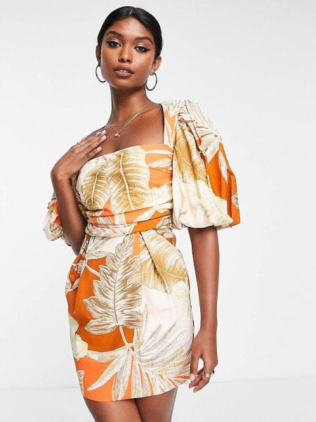 ASOS DESIGN exaggerated blouson sleeve mini dress with wrap waist in tropical palm print 