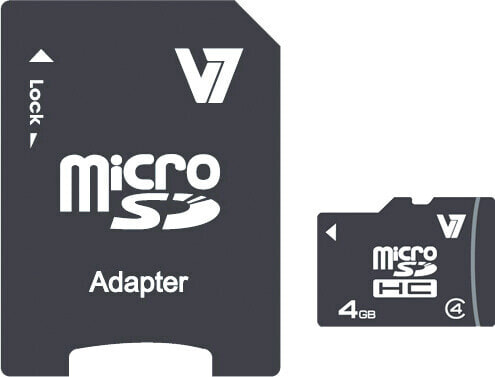 V7 4GB Micro SDHC Card Class 4 + Adapter - 4 GB - MicroSDHC - Class 4 - 10 MB/s - 4 MB/s - Black