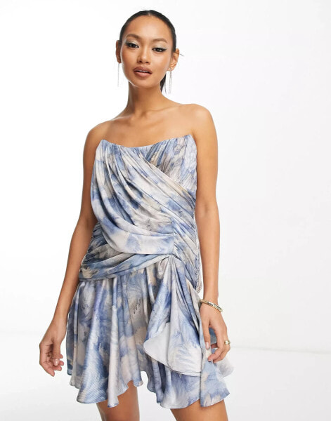 ASOS DESIGN draped bandeau corset satin mini dress with flippy skirt in blue ivory floral print