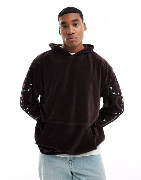 ASOS DESIGN oversized hoodie in brown velour with sleeve embroidery