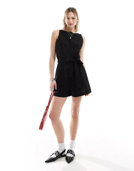 Monki beach linen sleeveless playsuit with tie belt detail in black