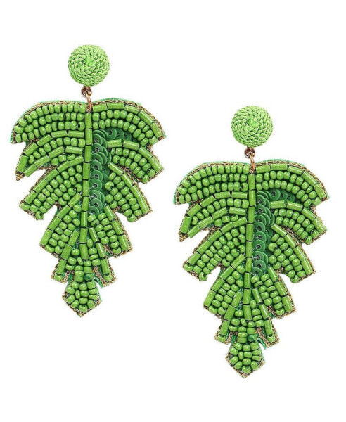 Women's Green Beaded Leaf Drop Earrings